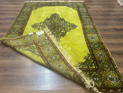 Moroccan Rug 6x8, Semi Open Field, Vintage, Lime Green, Wool Carpet