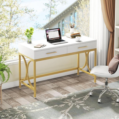 41 Inch White And Gold Computer Desk With 2 Drawers