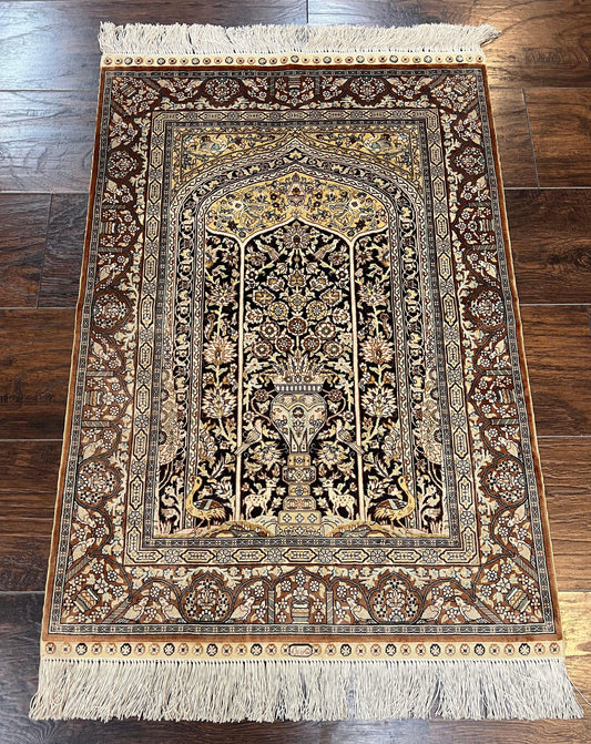 Turkish Silk Hereke Rug 2x3, Floral Vase Tree of Life Birds, Silk Pile on Silk Foundation, Vintage Oriental Carpet, Very Fine, Signature