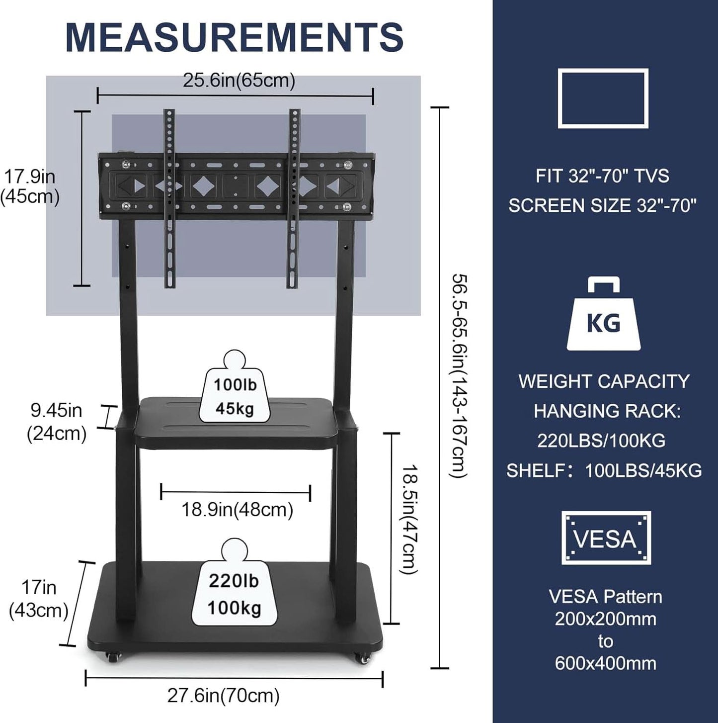Height Adjustable Rolling TV Stand for 32-75 Inch TVs