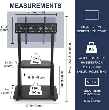 Height Adjustable Rolling TV Stand for 32-75 Inch TVs