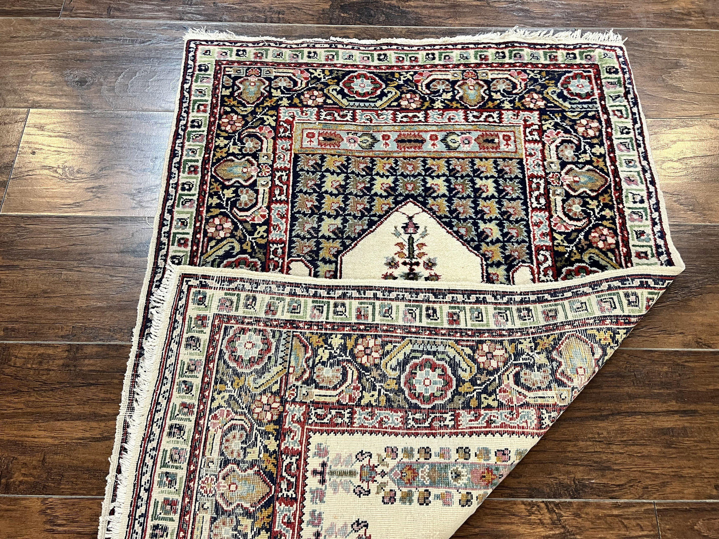 Turkish Prayer Rug 2.5 x 4, Vintage Wool Hand Knotted Carpet, Ivory