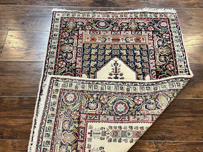 Turkish Prayer Rug 2.5 x 4, Vintage Wool Hand Knotted Carpet, Ivory
