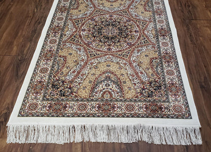 Persian Design Silk Accent Rug, Dome Medallion, Allover Pattern Oriental Carpet, Small Silk Rug, Cream, Ivory, Bamboo Silk, 2' 8" x 4' 1"