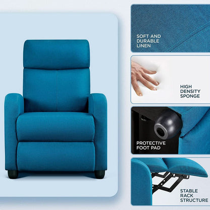 Blue Fabric Pushback Recliner Chair With Soft Armrests
