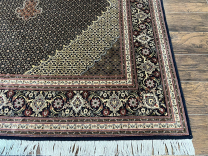 Persian Tabriz Rug 7x10, Very Fine 330 KPSI 50 Raj, Black and Beige, Handmade Wool Vintage Persian Carpet