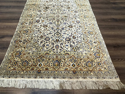 Rare Silk Persian Kashan Rug 4.6 x 7, Antique Fine 310 KPSI, Ivory