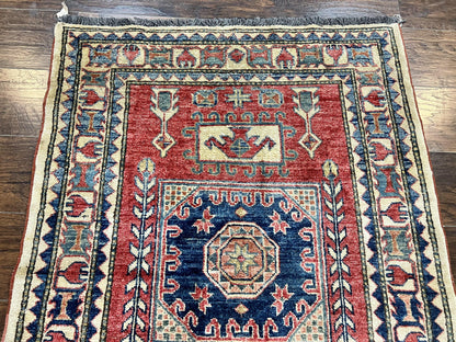 Turkish Kazak Rug 3x4, Wool Hand Knotted Small Vintage Carpet, Red Navy Blue, 3 x 4 Oriental Rug, Geometric Design
