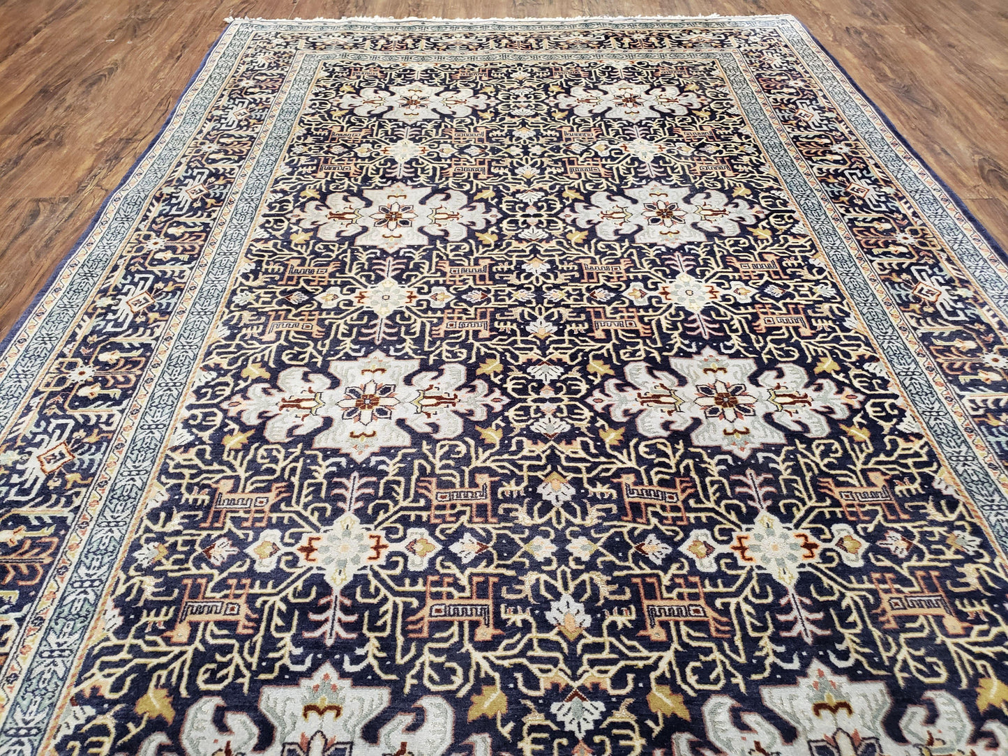 Semi-Antique Persian Kashan Rug, Midnight Blue & Ivory, Hand-Knotted, Wool, 4' 8" x 7' 4", Pair A