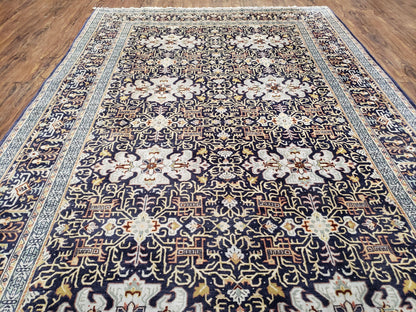 Semi-Antique Persian Kashan Rug, Midnight Blue & Ivory, Hand-Knotted, Wool, 4' 8" x 7' 4", Pair A