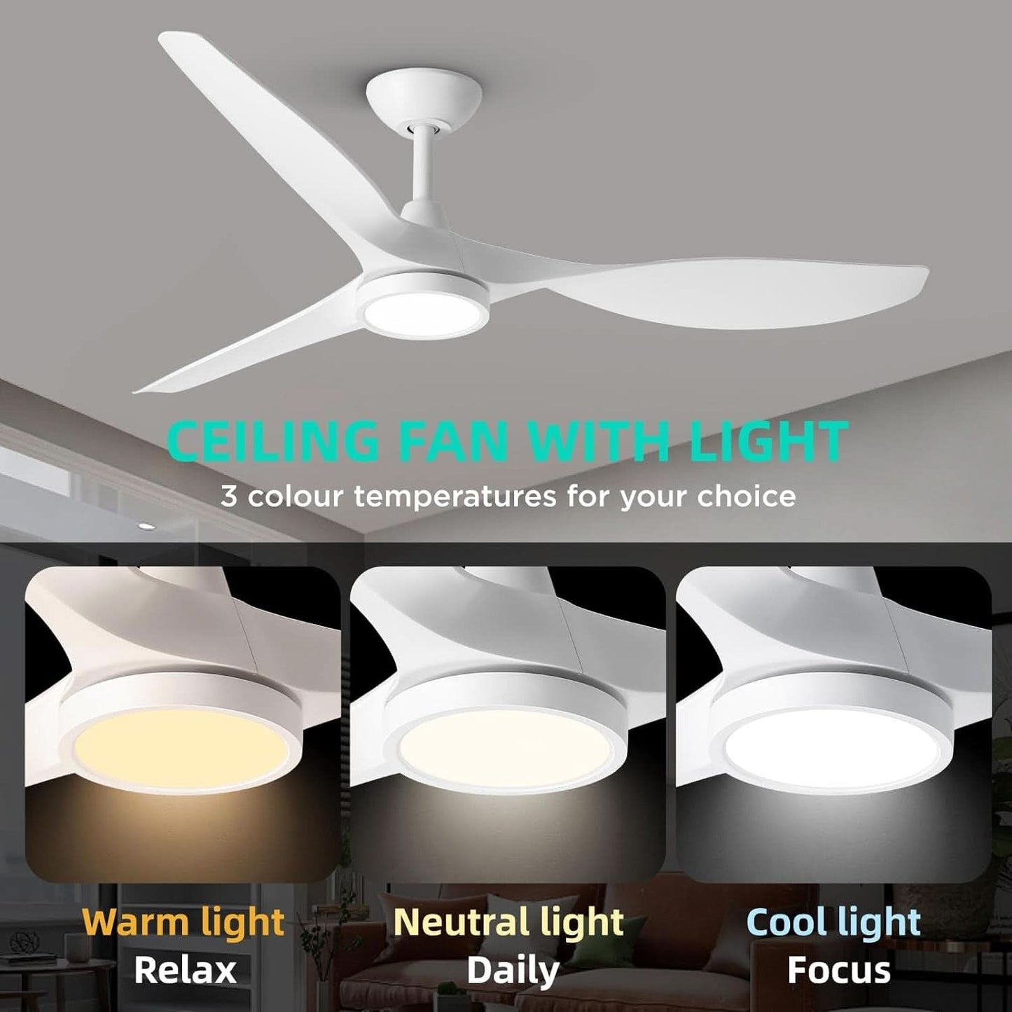 52 Inch White Energy Efficient Ceiling Fan With LED Light