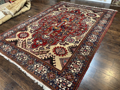 Antique Persian Heriz Rug 8x12 ft, Geometric Tribal Room Sized Carpet, Camel Hair Red Navy Blue, Wool Hand Knotted Medallion Oriental Carpet