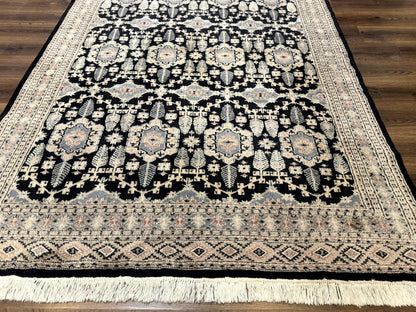 Turkoman Bokhara Rug 6x9, Pakistani Carpet, Black, Hand Knotted