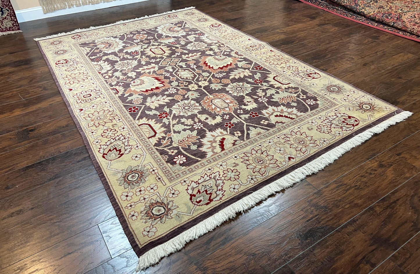 Vintage Indo Mahal Area Rug 6x9, Indian Persian Oriental Carpet 6 x 9, Puce Eggplant Tan Beige Rug, Hand-Knotted, Large Floral Design Wool