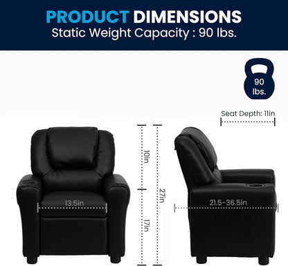 Kids Leathersoft Recliner With Cup Holder And Safety Recline Black