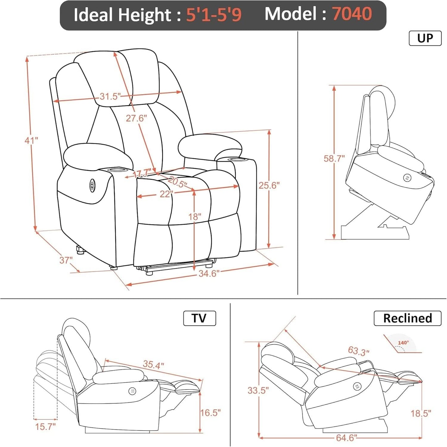 Electric Power Lift Recliner Chair With Massage And Heat Blue Medium