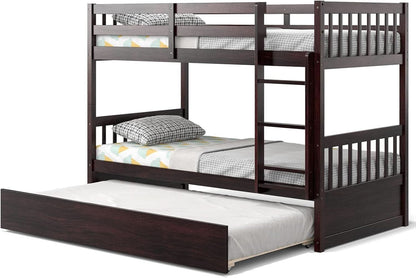 Twin Over Twin Bunk Bed With Trundle In Espresso Solid Wood