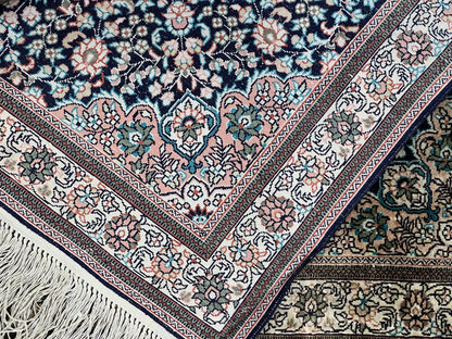 Sino Persian Silk Rug 2x2 ft, Very Fine High KPSI Small Silk Oriental Carpet, Hand-Knotted, Medallion, Vintage Silk Rug, Black Ivory/Cream