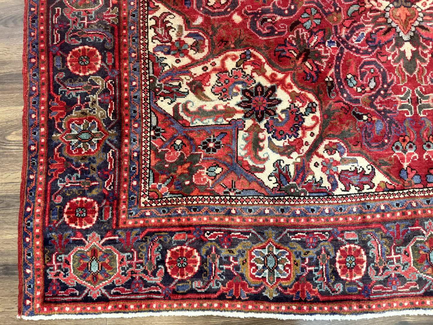 Persian Heriz Rug 7x10, Red and Navy, Geometric Medallion, Vintage Wool Carpet