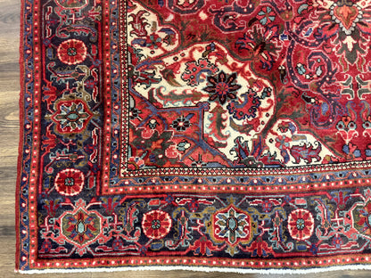 Persian Heriz Rug 7x10, Red and Navy, Geometric Medallion, Vintage Wool Carpet