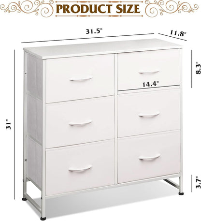 White Fabric Dresser With 6 Drawers And Fabric Bins