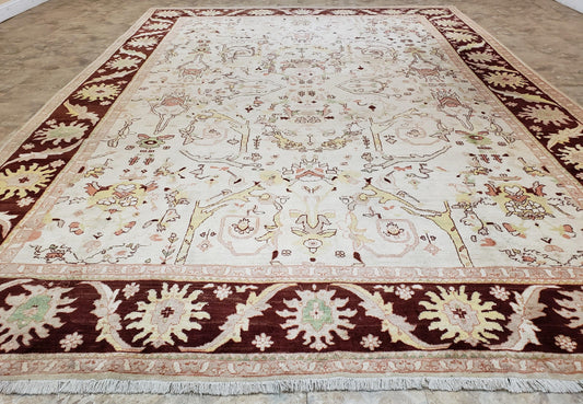 Beige and Maroon Peshawar Rug 10x15, Large Oushak Carpet, Pakistani Rug, Handmade Area Rug, Hand Knotted Rug, Living Room Rug, Nice Wool Rug