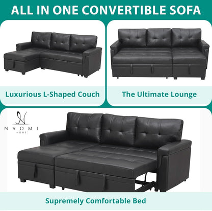 Sleeper Sectional Sofa Black Leather With Convertible Bed