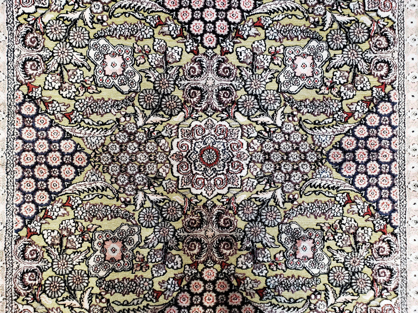 Vintage Silk Rug with Gold Threads, 5x8 Silk Oriental Carpet, Red Black Gold Hand-Knotted Fine Silk Real Gold Wire Threads Kashmiri Silk Rug