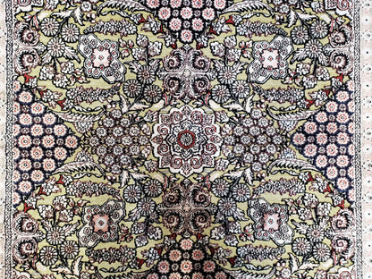 Vintage Silk Rug with Gold Threads, 5x8 Silk Oriental Carpet, Red Black Gold Hand-Knotted Fine Silk Real Gold Wire Threads Kashmiri Silk Rug