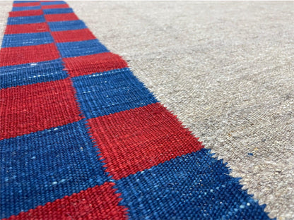 5' 7" x 7' 9" Geometric Kilim Carpet, Gray, Handmade, Hand-Knotted Area Rug, Blue & Red, Flatweave, Wool, New, Checkerboard Pattern