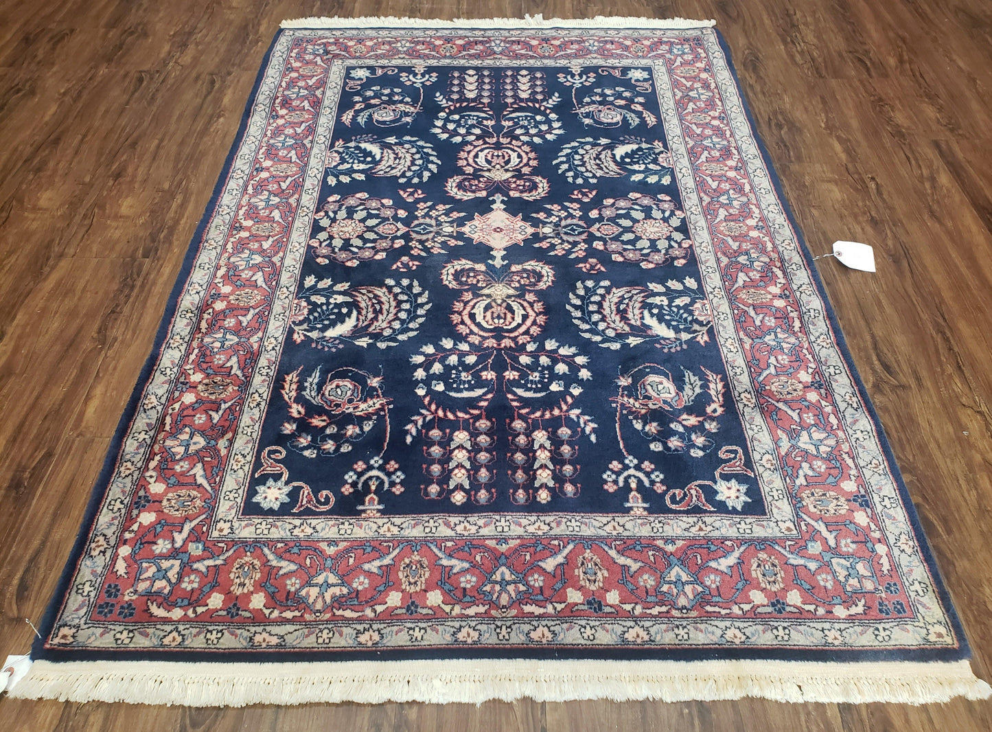 Dark Blue Indo Persian Rug 4x6, Medium Size Hand Knotted Oriental Carpet, Traditional Floral Indian Rug, Blue and Red Entryway Rug, Wool Rug