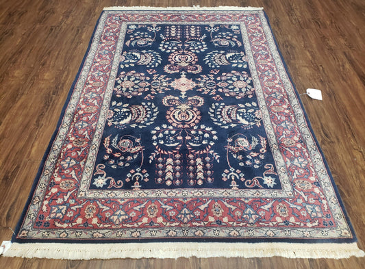 Dark Blue Indo Persian Rug 4x6, Medium Size Hand Knotted Oriental Carpet, Traditional Floral Indian Rug, Blue and Red Entryway Rug, Wool Rug