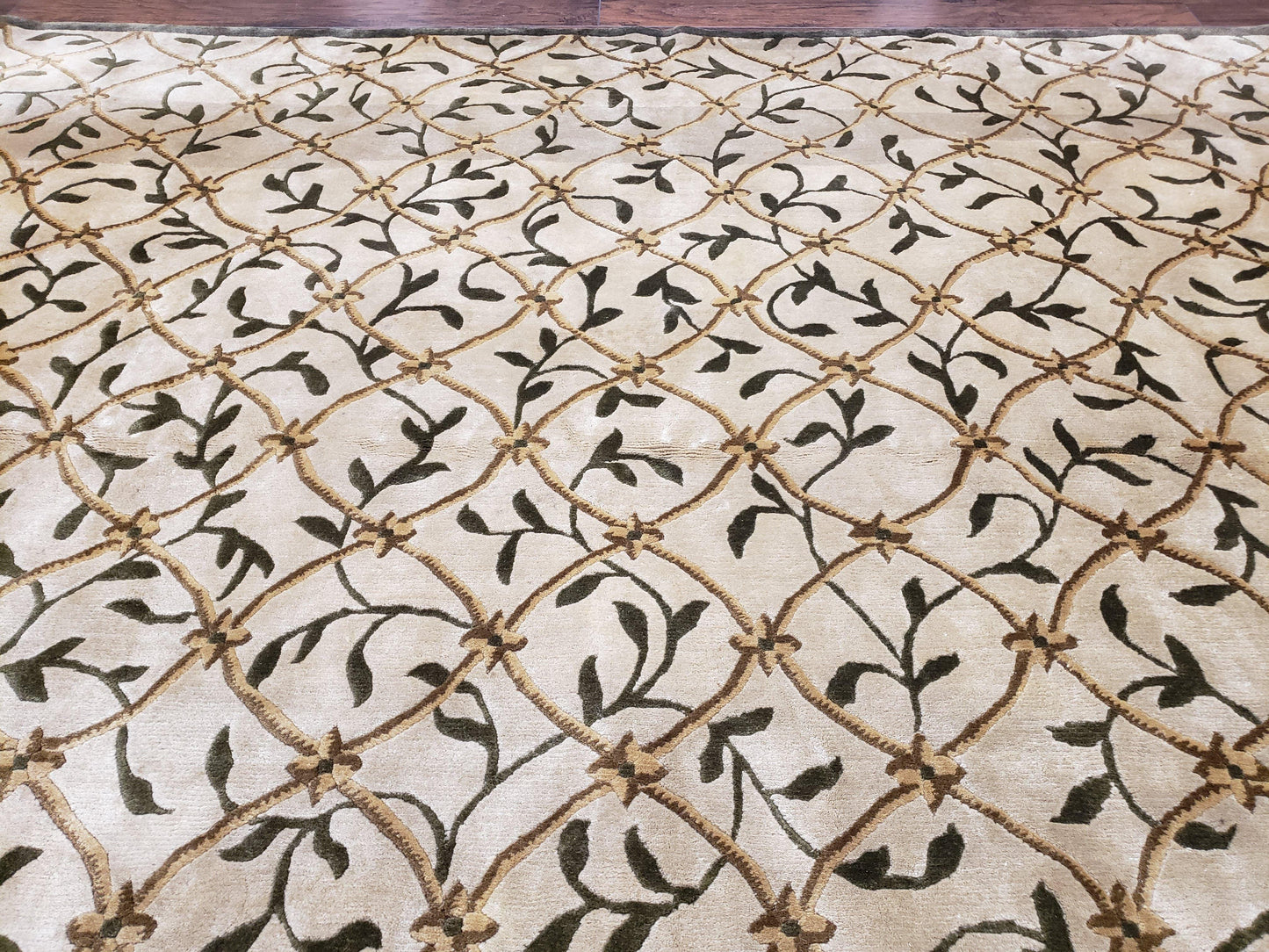 Vintage Tibetan Nepalese Area Rug 9x12, Wool Hand-Knotted, Beige Nepali Soft Pile Carpet, 9 x 12 Living Room Modern Dining Room Rug