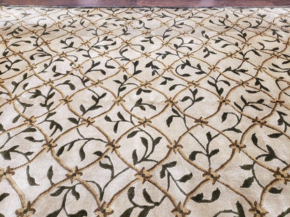 Vintage Tibetan Nepalese Area Rug 9x12, Wool Hand-Knotted, Beige Nepali Soft Pile Carpet, 9 x 12 Living Room Modern Dining Room Rug