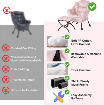 Pink Velvet Lounge Chair With Folding Footrest Ottoman
