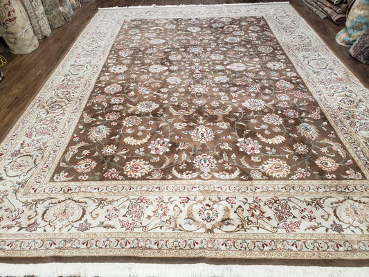 Vintage Pak-Persian Area Rug 9x12, Wool Hand-Knotted Spice Brown & Ivory Traditional Fine Oriental Carpet, Pakistani Carpet, 9 x 12 Fine Rug
