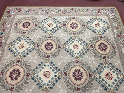9x13 Needlepoint Carpet, French Design Rug, Hand-Knotted, Brand New Needlepoint Rug 9 x 13, English French European Style, Beige Floral