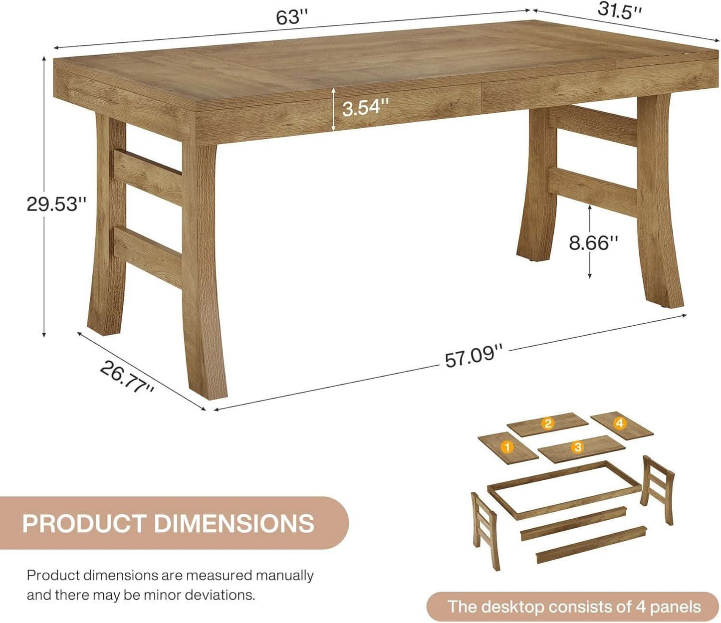 63 Inch Farmhouse Rectangular Wood Dining Table Kitchen
