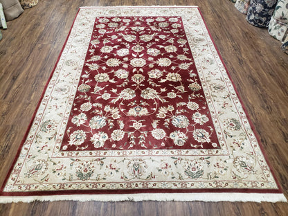 Vintage Traditional Oriental Area Rug, Hand-Knotted, Wool & Silk Accents, Maroon Red and Beige, 6x9 Carpet, 5' 9" x 9'
