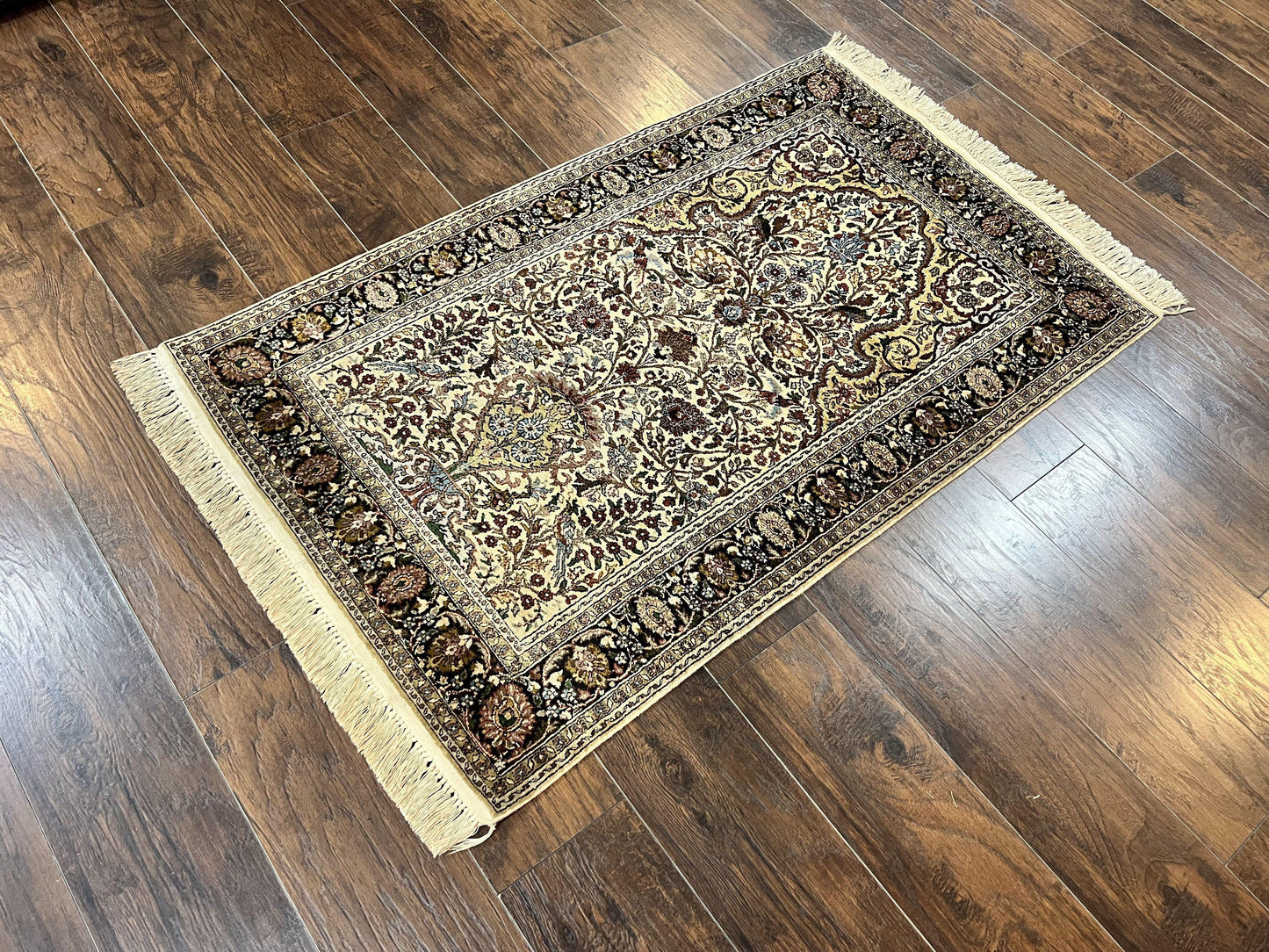 Turkish Kayseri Silk Rug 3x5, Tree of Life Silk Oriental Carpet, Birds Persian Vase Design, Hand Knotted Vintage Fine Rug, 340 KPSI