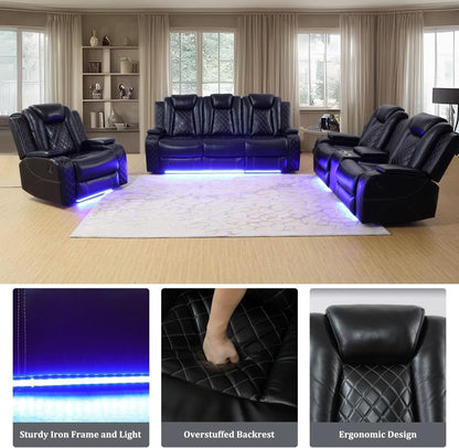 Black Power Recliner Sofa Set With LED And USB Charging