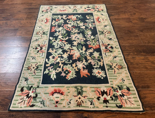 Vintage American Needlepoint Rug 4x6, Dark Green, Wool, Handmade, Flatweave Carpet
