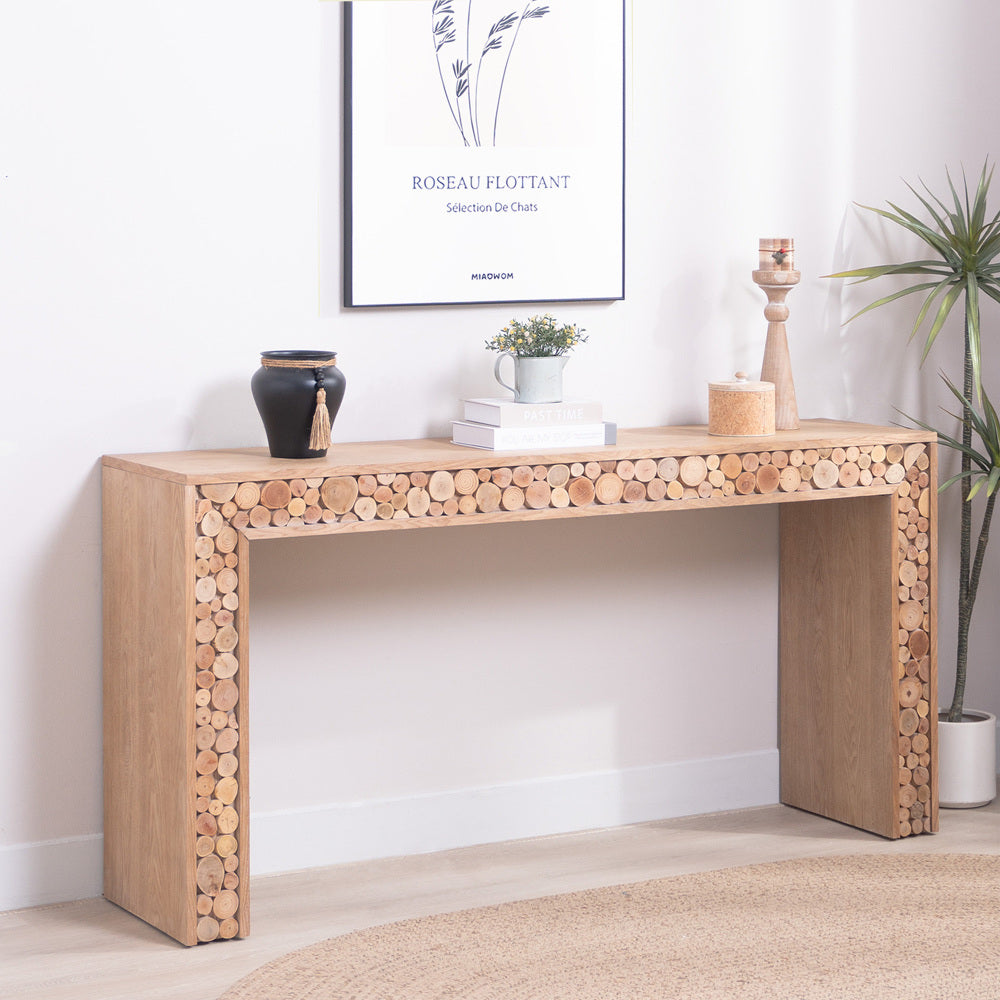 Rustic Console Table with Natural Log Accents | 62" Narrow Entryway & Sofa Table Modern Farmhouse Style