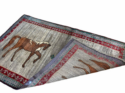 4 X 6 Handmade Rug Zagros New Vintage Quality Wool Rug Horses Silver Brown Nice