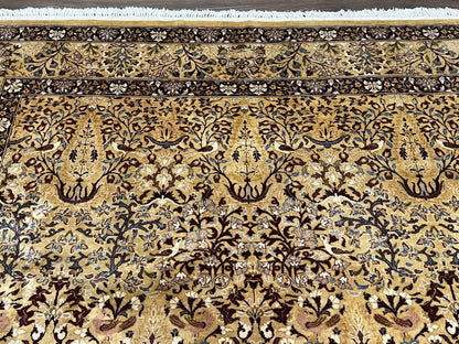 Pretty Indo Persian Rug 6x9, Allover Floral Motif with Birds, Tan/Cream, Very Fine Oriental Carpet, Hand Knotted Vintage Indian Wool Rug