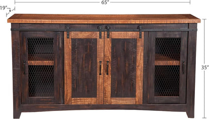 65 Inch Solid Wood TV Stand Antique Black Distressed Pine