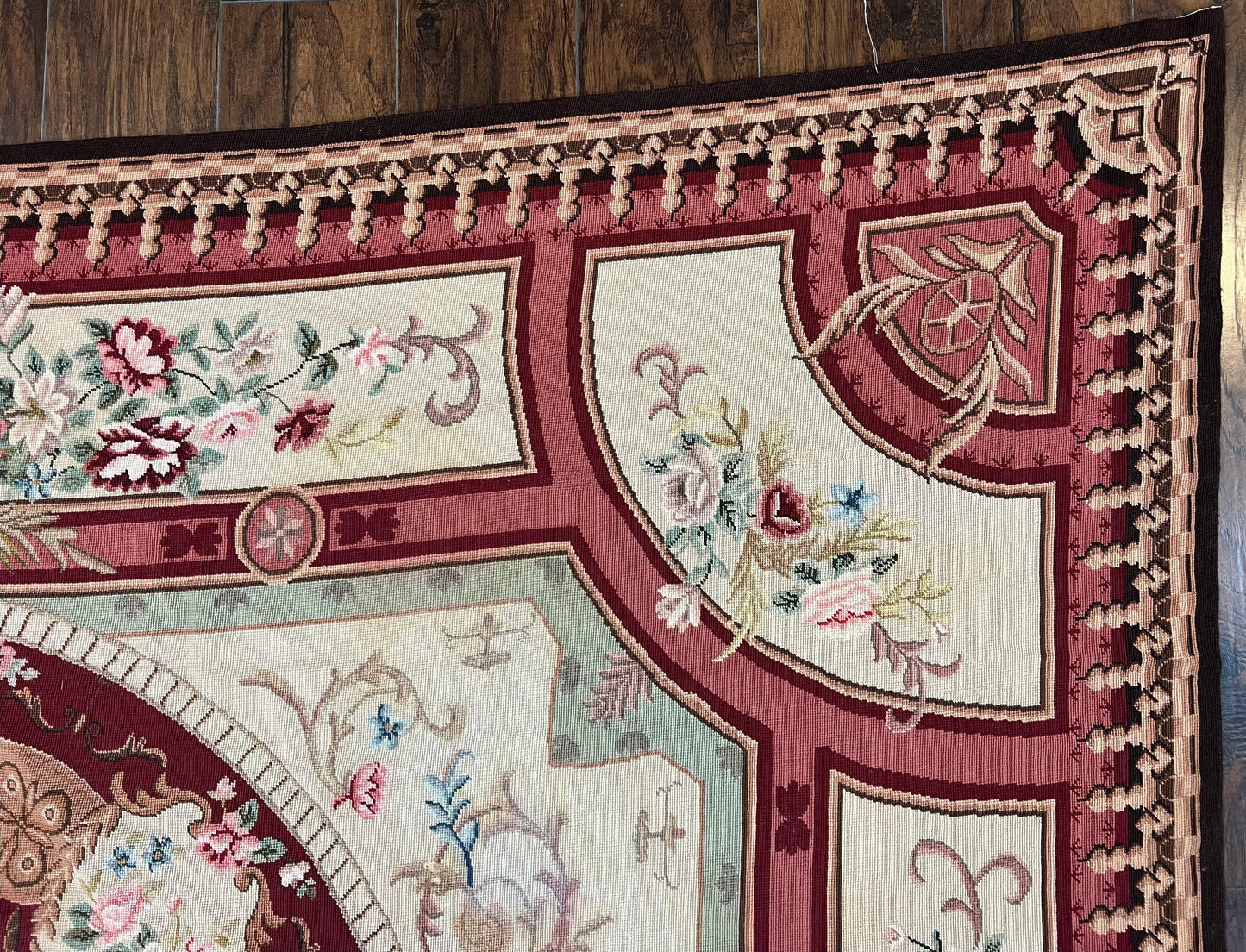 Needlepoint Rug 7.9 x 9, Beige Maroon Rose, Handmade Handwoven Flatweave Aubusson Savonnerie French European Elegant Carpet, Wool Rug