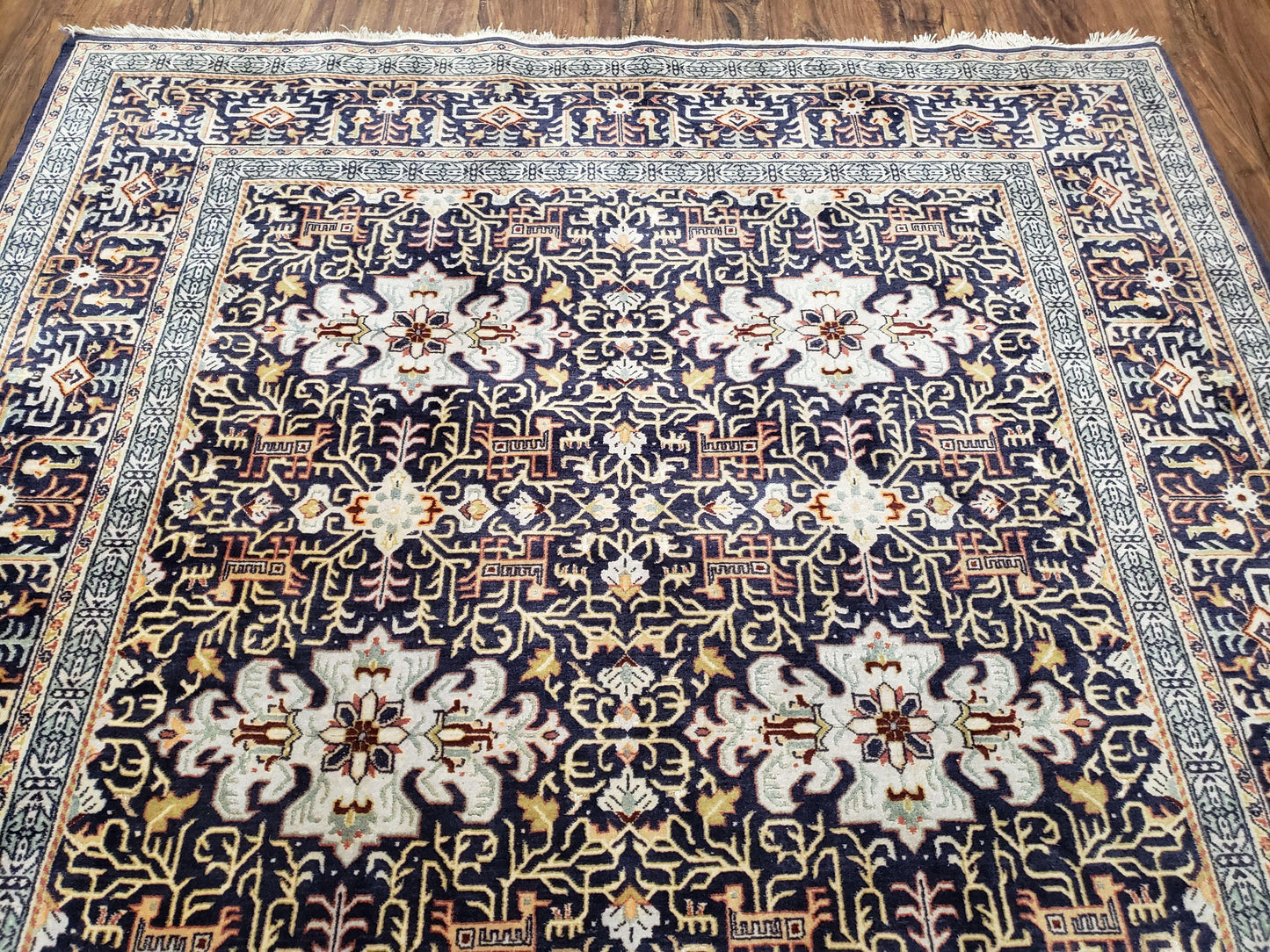 Antique Persian Kashan Rug, Midnight Blue & Ivory, Hand-Knotted, Wool, 4' 8" x 7' 4", Pair B