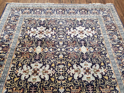 Antique Persian Kashan Rug, Midnight Blue & Ivory, Hand-Knotted, Wool, 4' 8" x 7' 4", Pair B