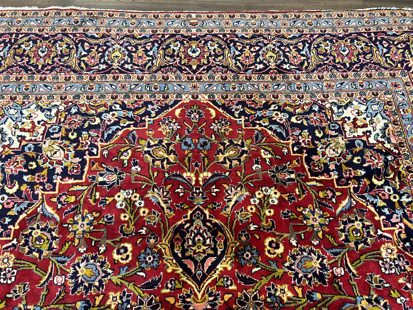 Persian Kashan Rug 9x12, Red Navy Blue, Allover Floral Medallion & Corner Design, Handmade Wool Oriental Carpet, Semi Antique Traditional Carpet